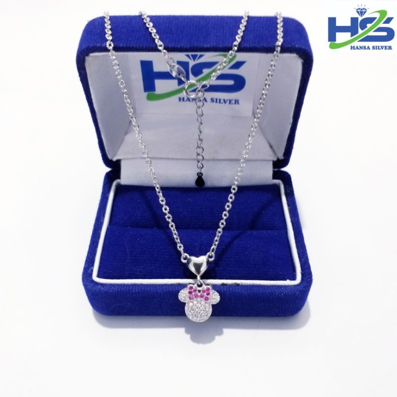 Kalung Perak Anak Asli Silver 925 Lapis Emas Putih Model Koye Rantai Nori Ukir Liontin Mickey Mouse - Perak Asli 925 Anti Karat