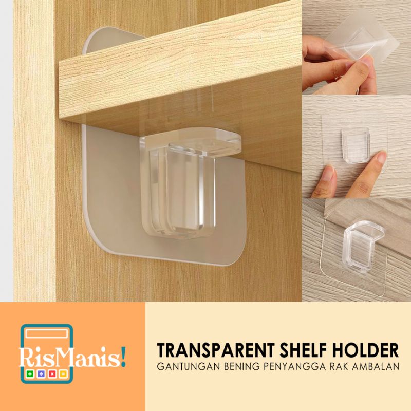 TRANSPARENT SHELF HOLDER - 1 pcs Gantungan Penopang Siku Ambalan Pengait Hanger Tempel Kuat Hook Akrilik Bening Kokoh Penyangga Sekat Laci Lemari
