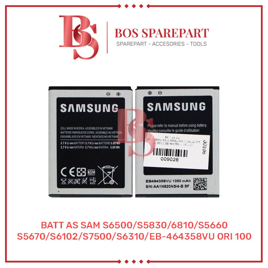 BATTERY AS SAMSUNG S6500/S5830/6810/S5660/S5670/EB-464358VU ORI 100 / BATERAI / BATRE