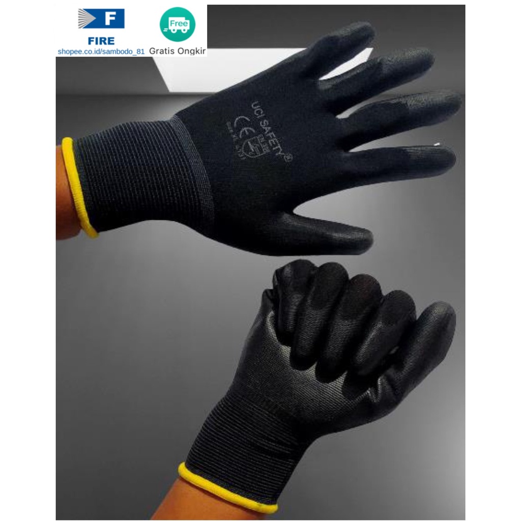 Sarung Tangan Mekanik Montir Berkebun Tukang Telapak Tangan dilapisi karet Bahan Nylon Polyester Elektronik Assembly Static Multi Purpose Polyurethane Kerja Palmfit Safety Gloves Security Dilapisi Karet Industri Pabrik Uci Safety