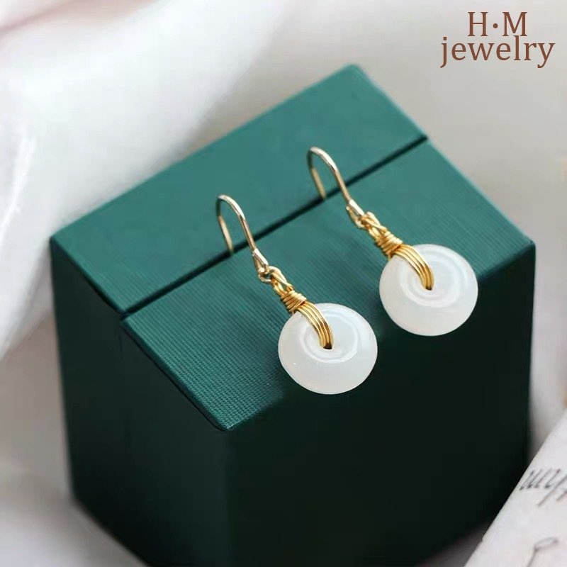Anting Kait Gantung Batu Giok Hetian Gaya Retro China Untuk Wanita