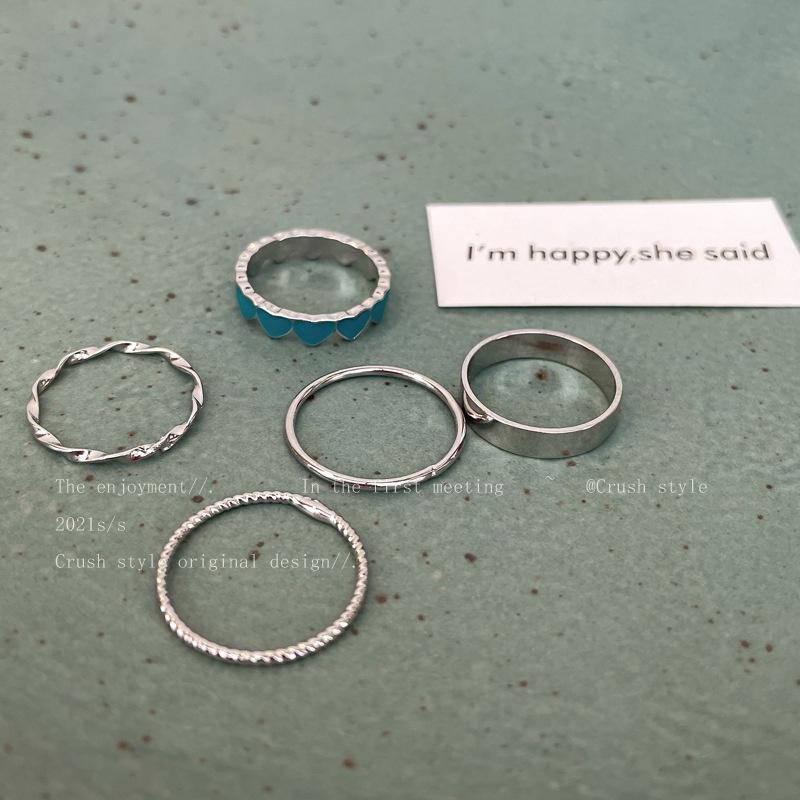 5pcs / Set Cincin Jari Bentuk Hati Warna Biru Bahan Alloy Untuk Wanita