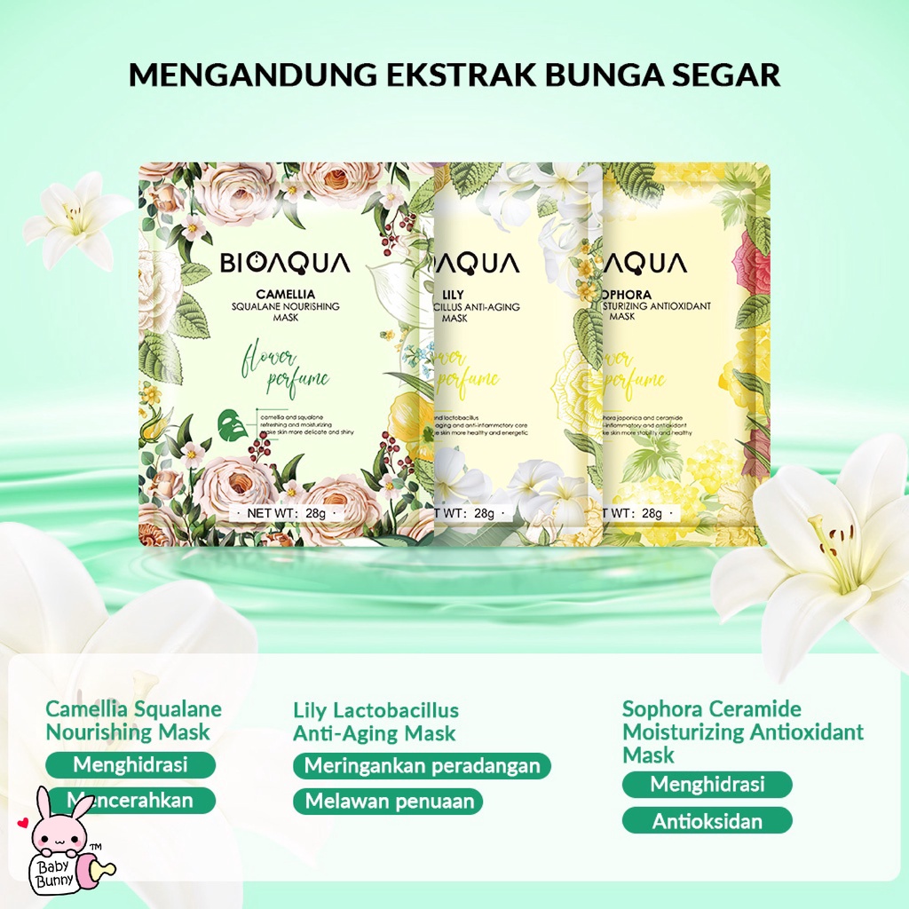 ❤ BELIA ❤ BIOAQUA Sheet Mask Masker Wajah Flowers Series (28g/pcs) Hydrating Essence Face Mask Brightening dan Anti Acne | BPOM