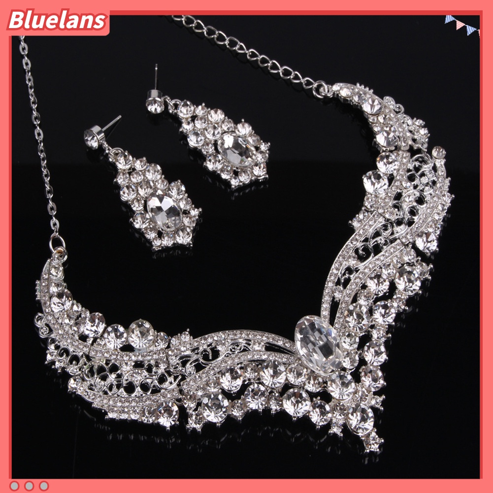 Bluelans Wedding Bridal Queen Style Fully Shiny Rhinestone Necklace Earrings Jewelry Set