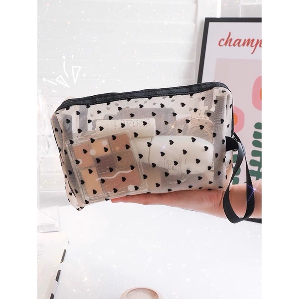 LOVE DOTS TRAVEL MAKE UP POUCH / TRANSPARAN POUCH MOTIF LOVE / TAS SERBAGUNA / TAS MAKE UP PREMIUM