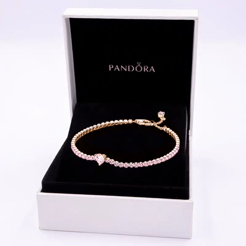 Pandora Gelang Tangan Rose Gold 18K 100% Hias Cubic Zirconia Hati Pink Adjustable Aksesoris Wanita