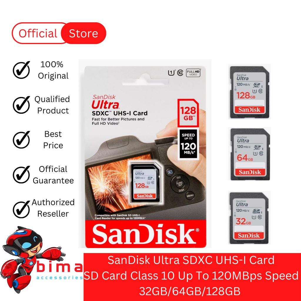 Jual SANDISK SD Card Camera SDHC 32GB / 64GB /128GB CLASS 10 Speed