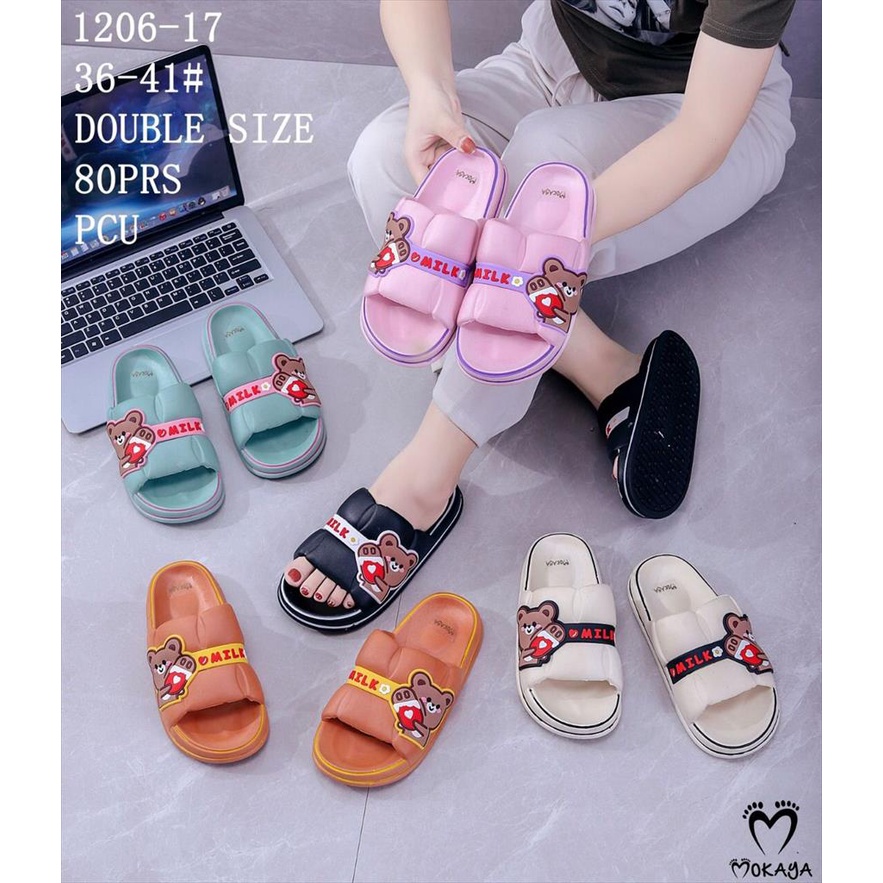 Sandal Slop Jelly Wanita Korea Sol Tebal Motif Milk Bear Super Empuk Kiyowo Kekinian Import Mokaya / Size 36-41 (1206-17)