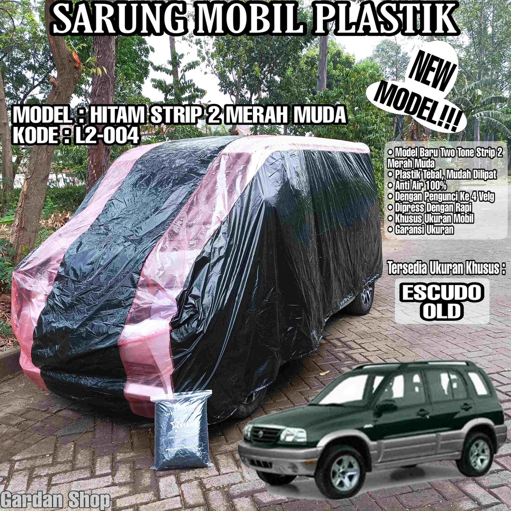 Sarung Mobil Plastik ESCUDO OLD Hitam Strip 2 Merah Muda Full Anti Air Full Waterproof