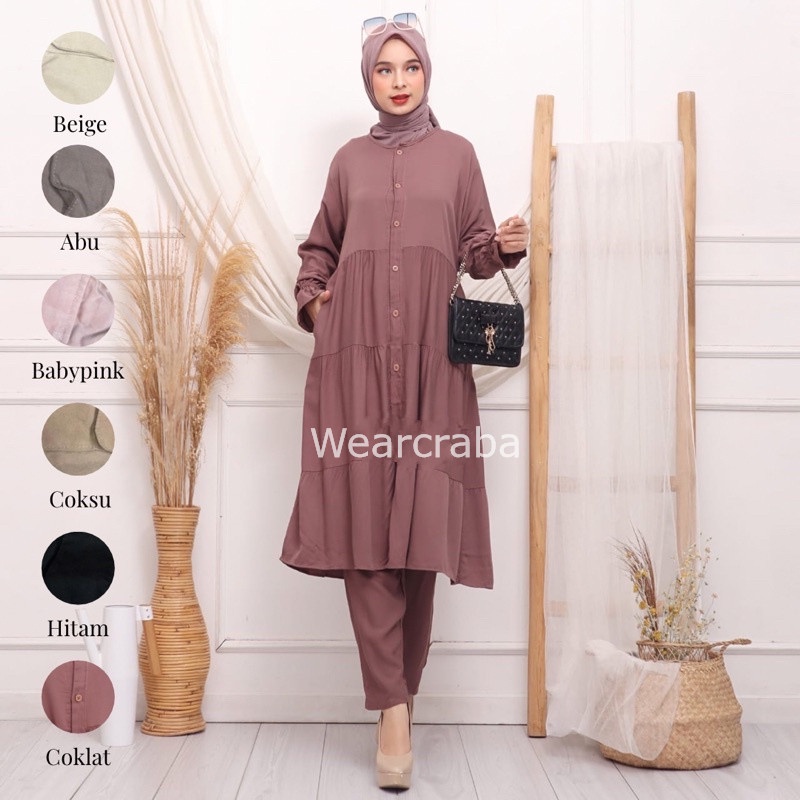 Setcel One Set Rayon Twill Long Tunik FETIA / Setelan Wanita / Muslim Fashion