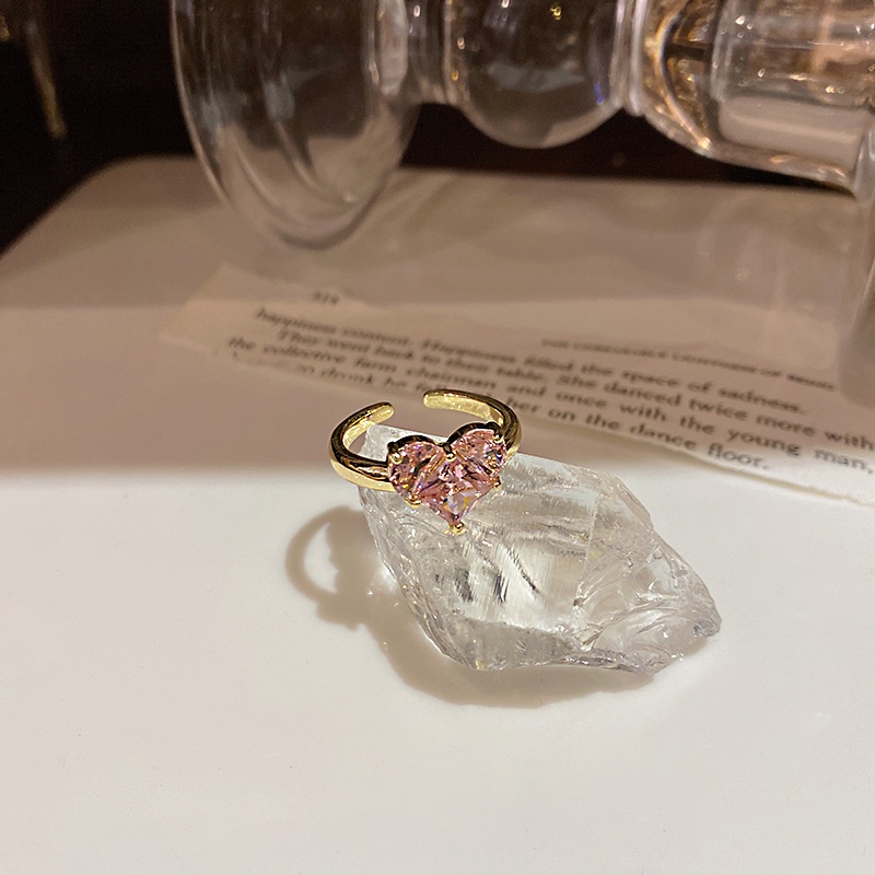 Kalung Anting Dan Cincin Bentuk Hati Bahan Zirkon Warna Pink Gaya Korea Untuk Wanita