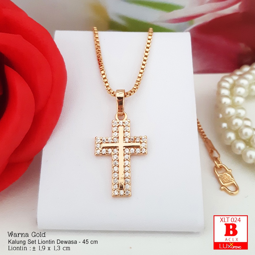 XLT 024  Kalung Salib Yesus Kristus Permata Zirkon Perhiasan Imitasi Lapis Emas 18K Aksesoris Rohani Kristen Katolik Rosario Luxx Xuping