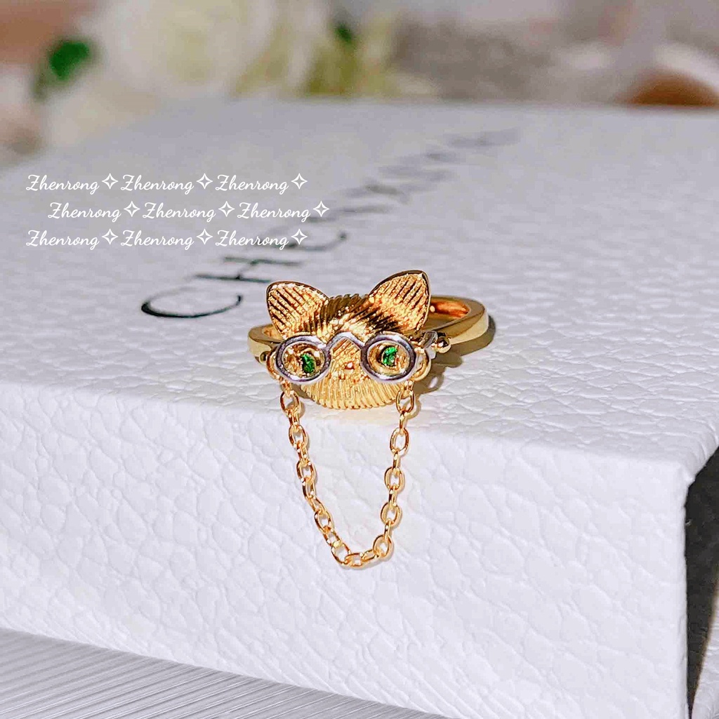 Goldkingdom Perhiasan Fashion Emas Asli Kadar 375 Bangkok Aksesoris Ready Stock Tangan-Kuping Kucing Dr Cincin Perempuan Zamrud Indah Kartun Adjustable Ring