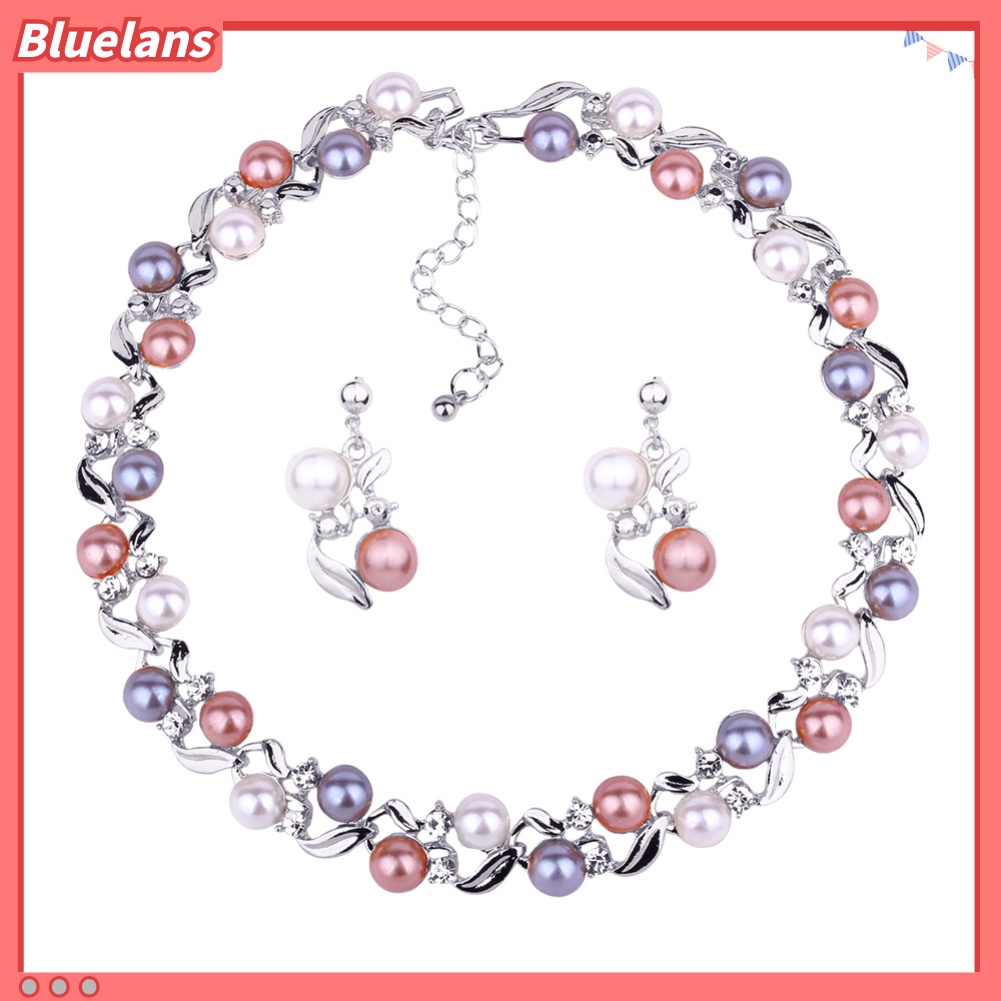 Bluelans Elegant Women Faux Pearl Rhinestone Necklace Ear Stud Earrings Party Jewelry Set