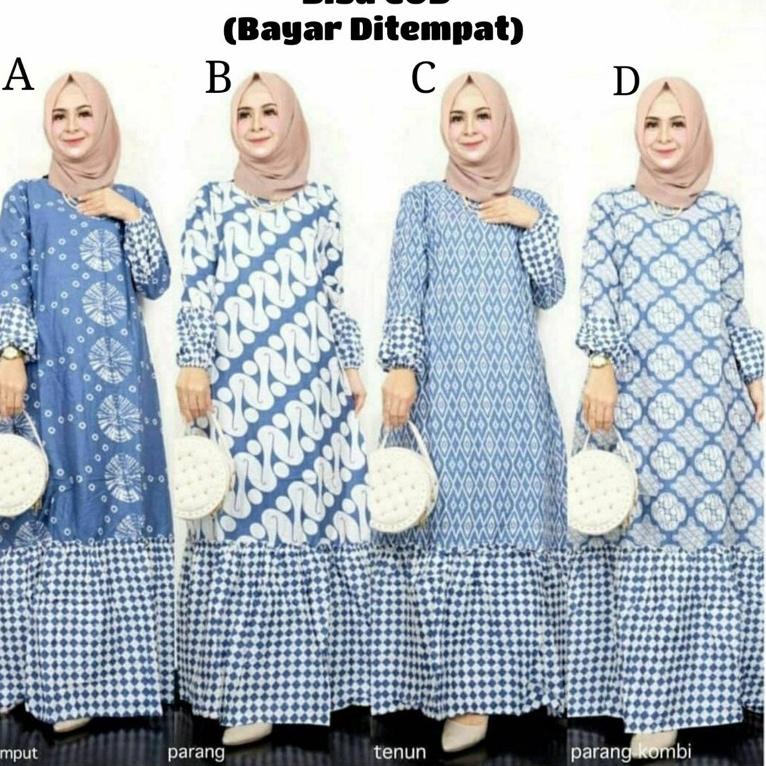 [KODE Q759] gamis terbaru 2021 modern lebaran Gamis Batik Wanita Terbaru 2021 Gamis Batik Indigo Rem