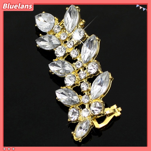 Anting Klip Bentuk Daun Aksen Kristal Berlian Imitasi Gaya Punk Untuk Wanita Charms