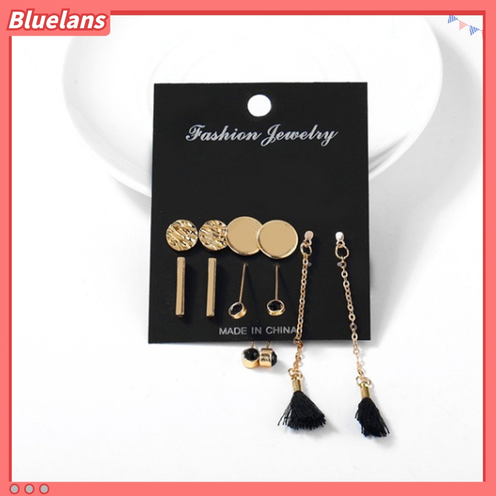 5 Pasang Anting Stud Juntai Bentuk Bulat Persegi Panjang Untuk Wanita