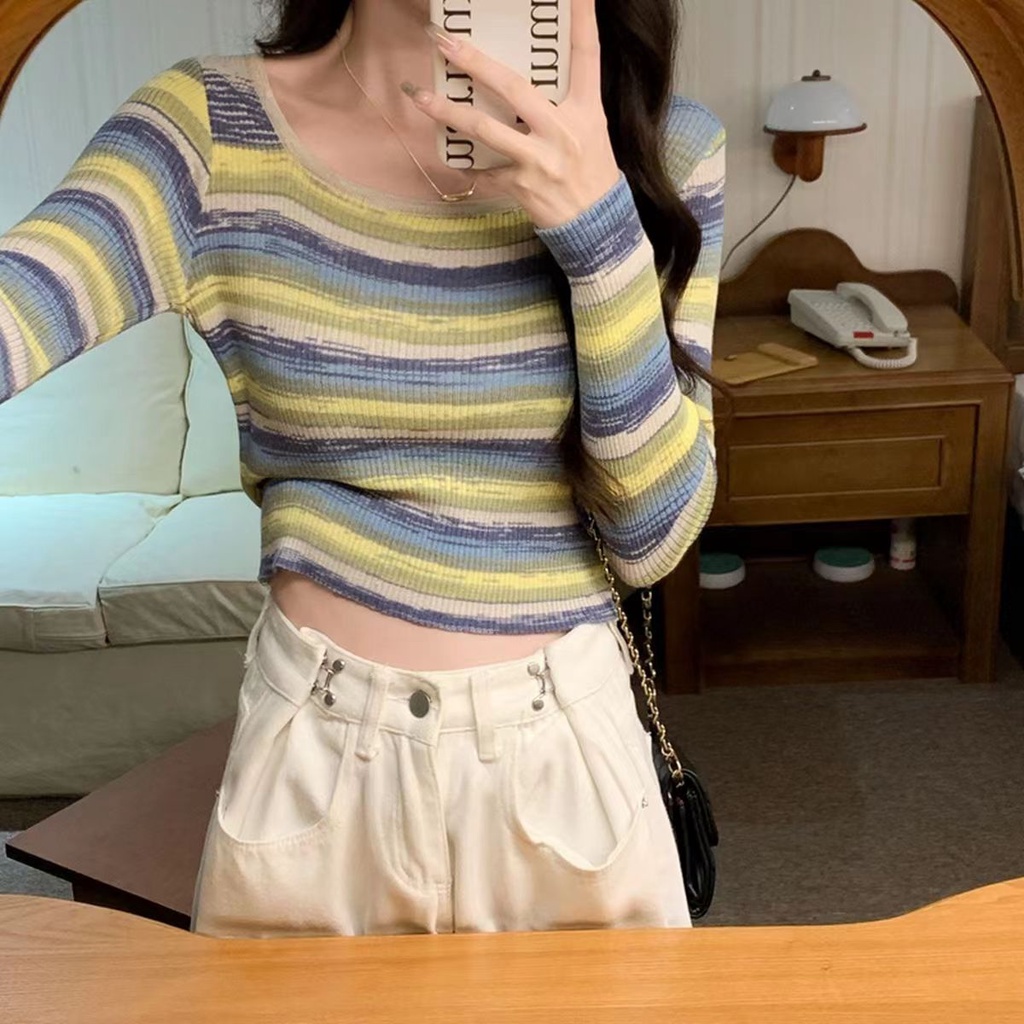 Atasan Rajut Stripe Wanita Crewneck Lengan Panjang Sweater