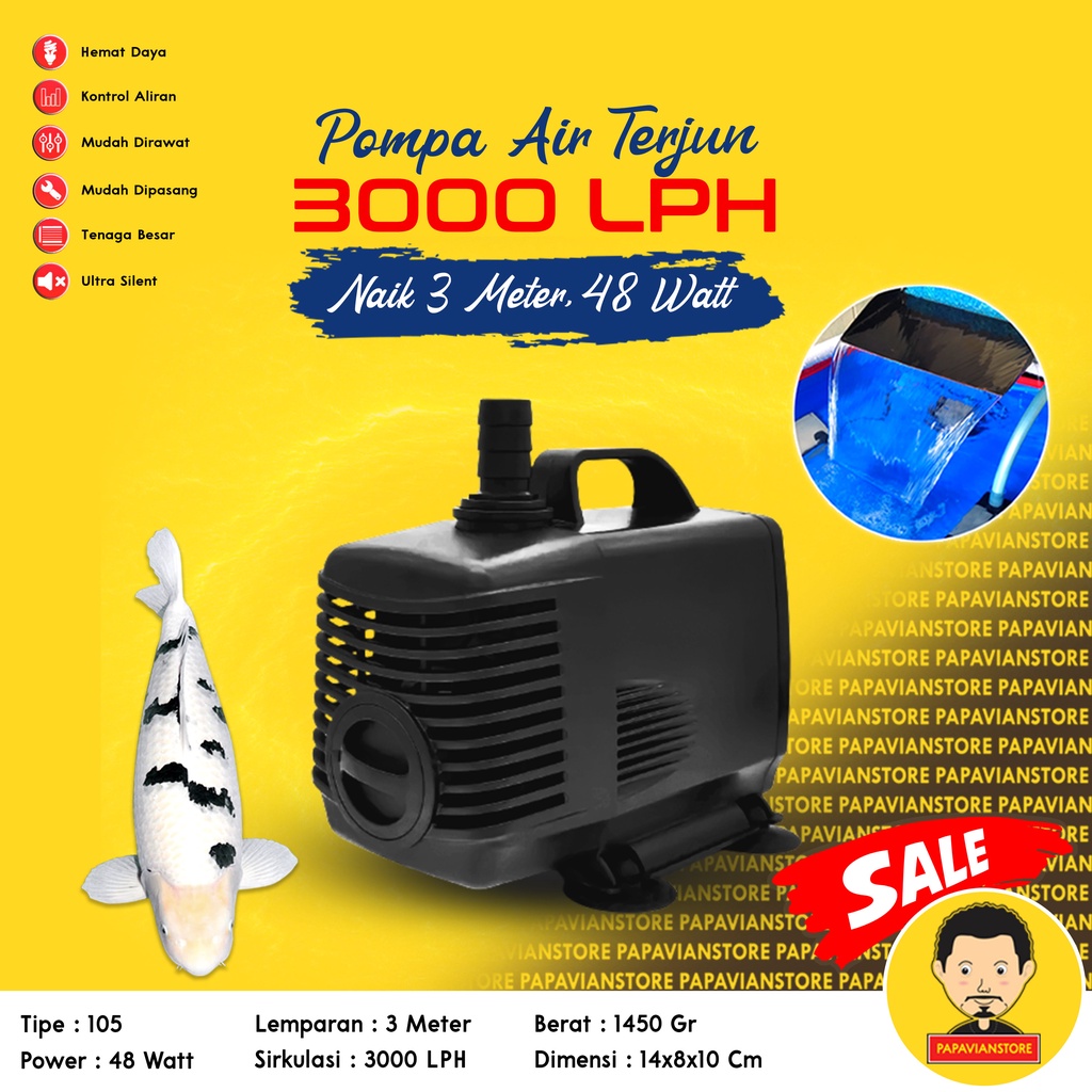 Pompa Mesin Air Celup Filter Kolam Ikan Koi Low Watt Aquarium Tank Submersible Hidroponik Hydroponic Water Pump Waterfall Air Terjun Hias - 4000 4500 5000 LPH Liter Per Jam 3 Meter Rendah Daya Ketinggian 3m Setara Merk Sunsun P018