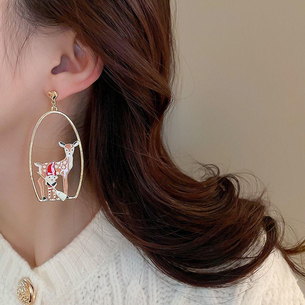 Mxbeauty Anting Tusuk Natal Musim Dingin Kartun Hati Asli Elk Deer Drop Earrings