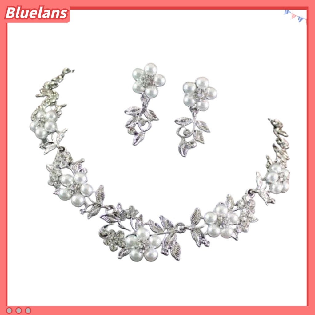 Bluelans 1 Set Necklace Eardrop Fashion Shiny Charming Faux Pearl Silver Plated Necklace Earrings for Women