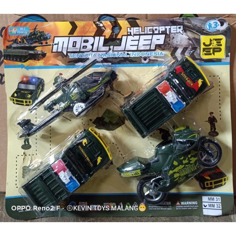 MM 32 MAINAN MOBIL JEEP SET TENTARA DAN POLOSI INDONESIA PLUS HELIKOPTER