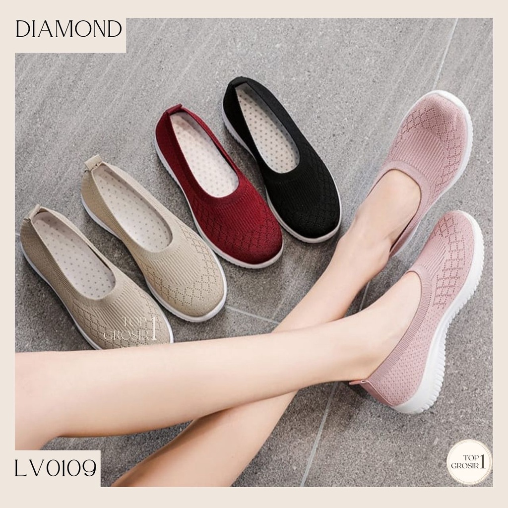 TOPGROSIR LV0109 Sepatu Motif Diamond Wanita Sneakers Slop Import / Sneakers Kanvas / Sepatu Kerja