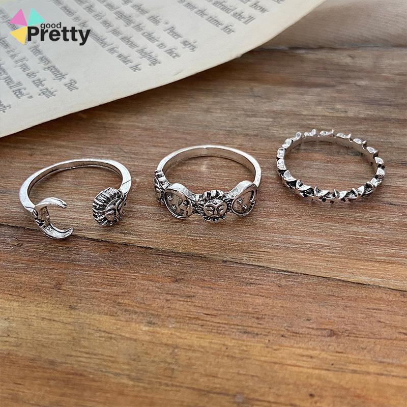 Cincin Gabungan Terbuka Kreatif Retro Star Moon 3-piece Set Cincin - PD
