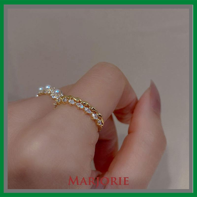 Double-layer Retro Pearl Diamond Ring Niche Light Desain Mewah Cincin Dapat Disesuaikan Terbuka-MJD