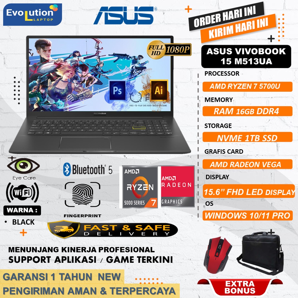 Laptop gaming Asus Vivobook 15 M513UA AMD RYZEN 7 5700U Ram 16GB 1TB SSD 15.6&quot; FHD Finger print WIN11Home black