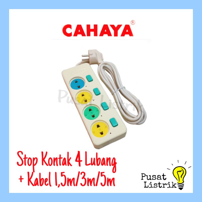 Stop Kontak 4Lubang+Kabel 1.5M, 3M, 5M Cahaya Kuningan OnOff Indikator