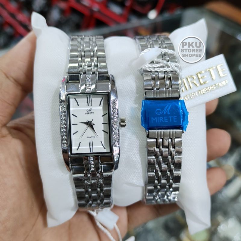 Jam Tangan Wanita Strap Rantai Persegi Panjang Motif Permata Mirete Original Anti Air Quar Analog / Jam Tangan Cewek Water Resistant  Import Motif Permata Mewah / Jam Tangan Kasual Wanita Terbaru Terlaris COD Realpick READY stok MIRETE ORIGINAL /JAM cewek