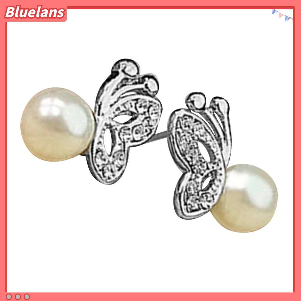 Anting Bentuk Kupu-Kupu Aksen Berlian Imitasi Dan Mutiara Untuk Wanita