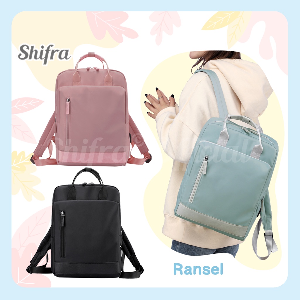 Shifra Tas Laptop Ransel Wanita Pria Waterproof Warna Polos Dengan USB Port