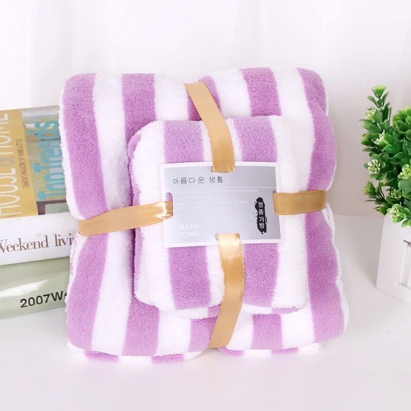 LID132- Handuk Mandi 2in1 Handuk Pengering Dengan Bahan Coral Fleece Halus High Quality Berwarna Motif Garis