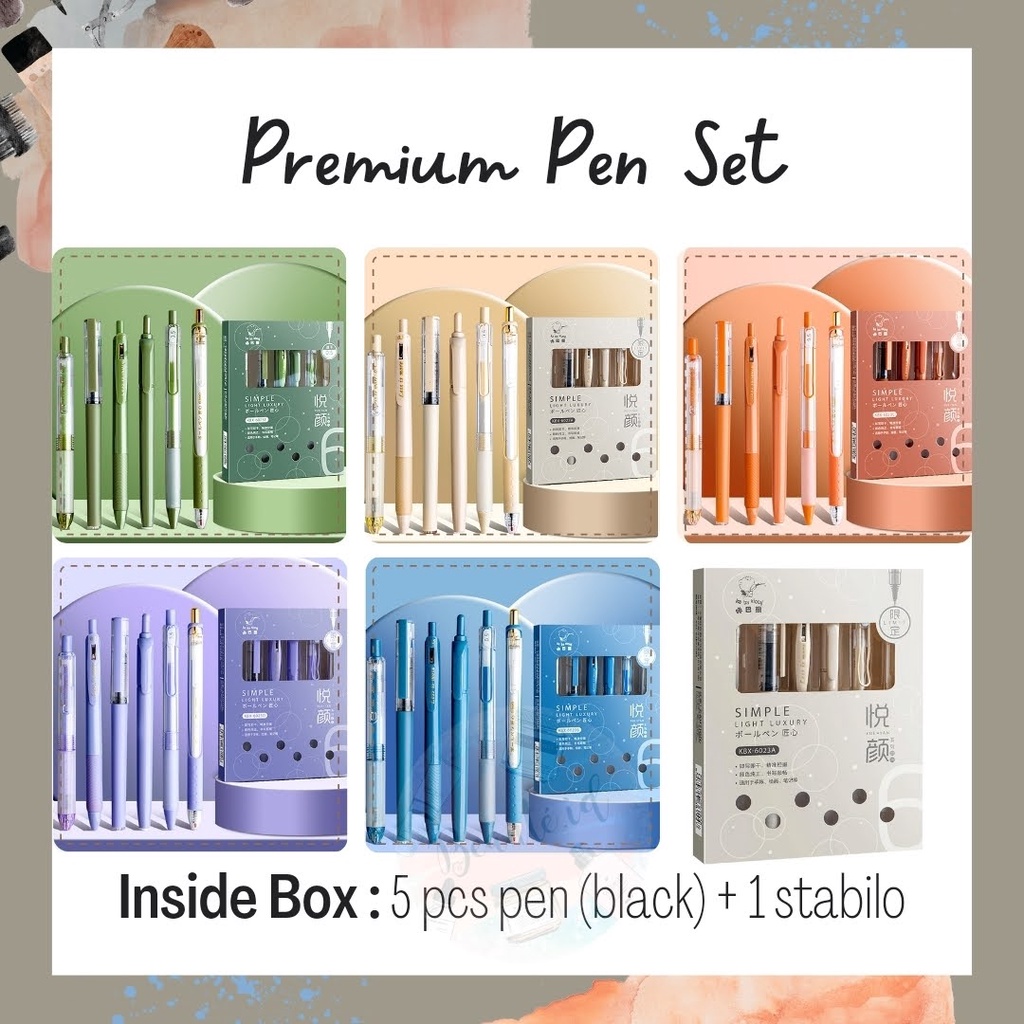 Pulpen Set Premium 5 Pulpen Black Ink + 1 Stabilo Warna ATK Perlengkapan Menulis Pena Ballpoint 0.5mm Berkualitas Elegan Simple Untuk Hadiah Gift Souvenir Sekolah Kuliah Kerja Kantor Anak Atau Dewasa