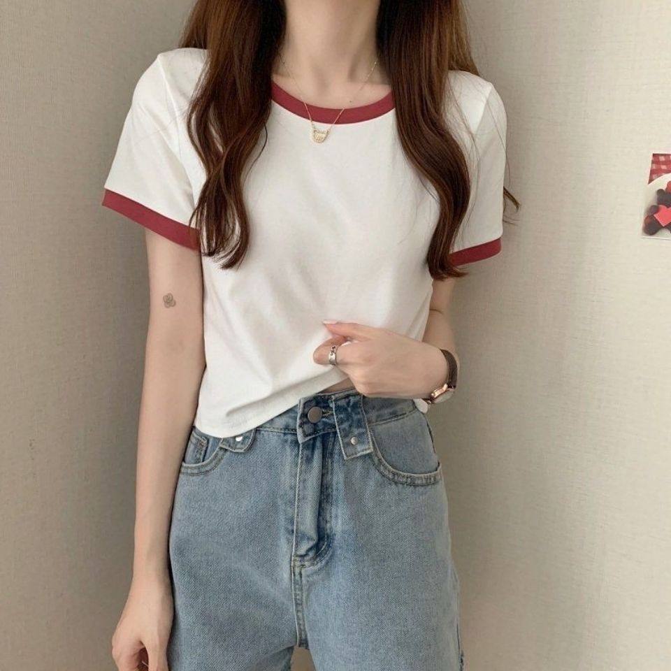 RSB BJ284 Baju Wanita Atasan Round Neck Short Sleeve Contrast Colour T-Shirt Kaos Wanita Lengan Pendek