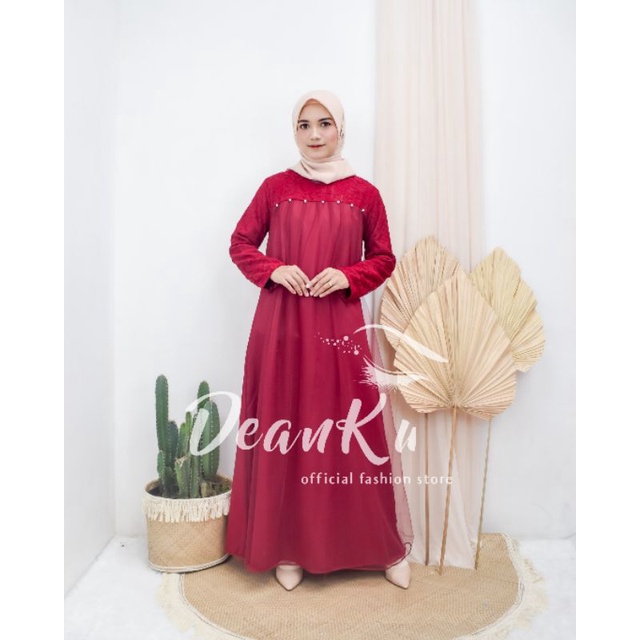 DeanKu Radella Dress Brukat Gamis Baju Kondangan Wanita Muslim Size M L XL XXL Polos Bahan Velvet Mi