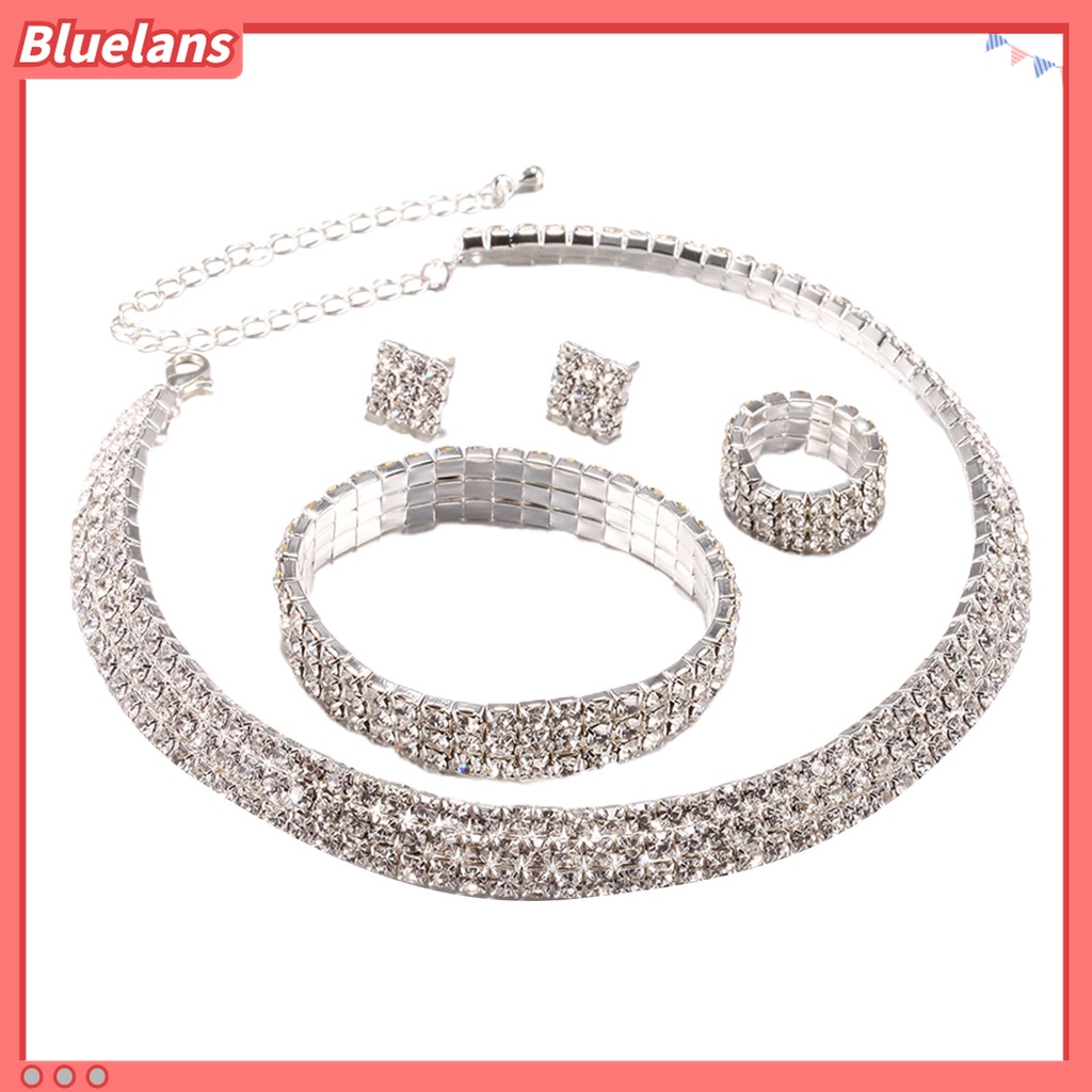 1 Set Perhiasan Kalung Gelang Anting Cincin Geometris Aksen Berlian Imitasi Kilau Terang Untuk Pernikahan