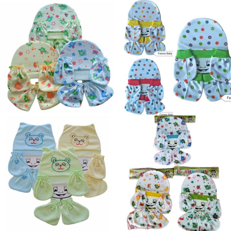 Topi kupluk bayi set sarung tangan Newborn / set topi sarung tangan dan sarung kaki bayi