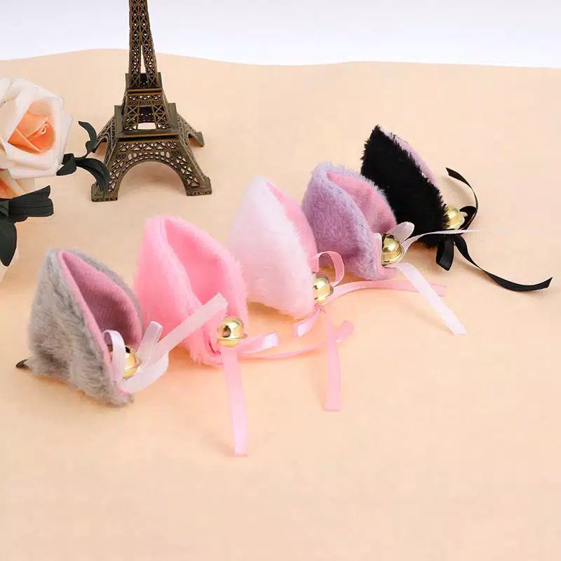 bando telinga kucing bulu cosplay anime wibu anak perempuan lucu wanita merah hitam nekomimi pita lonceng