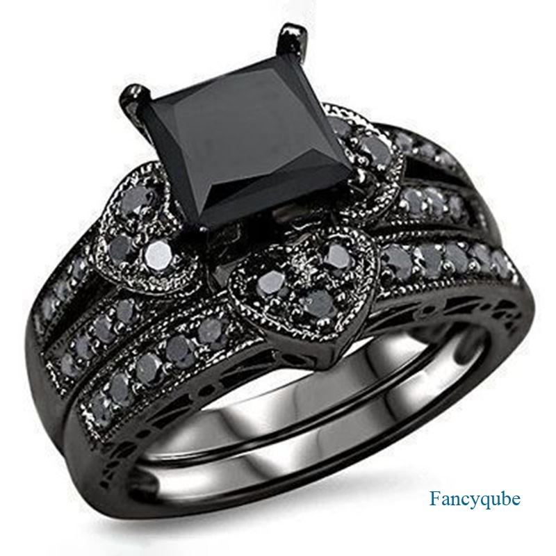 Fancyqube 2Pcs/Set Square Black Cubic Zirconia Bridal Love Rhinestone Engagement Ring, Black Shinng Full Diamond Zirconia Solitaire Ring