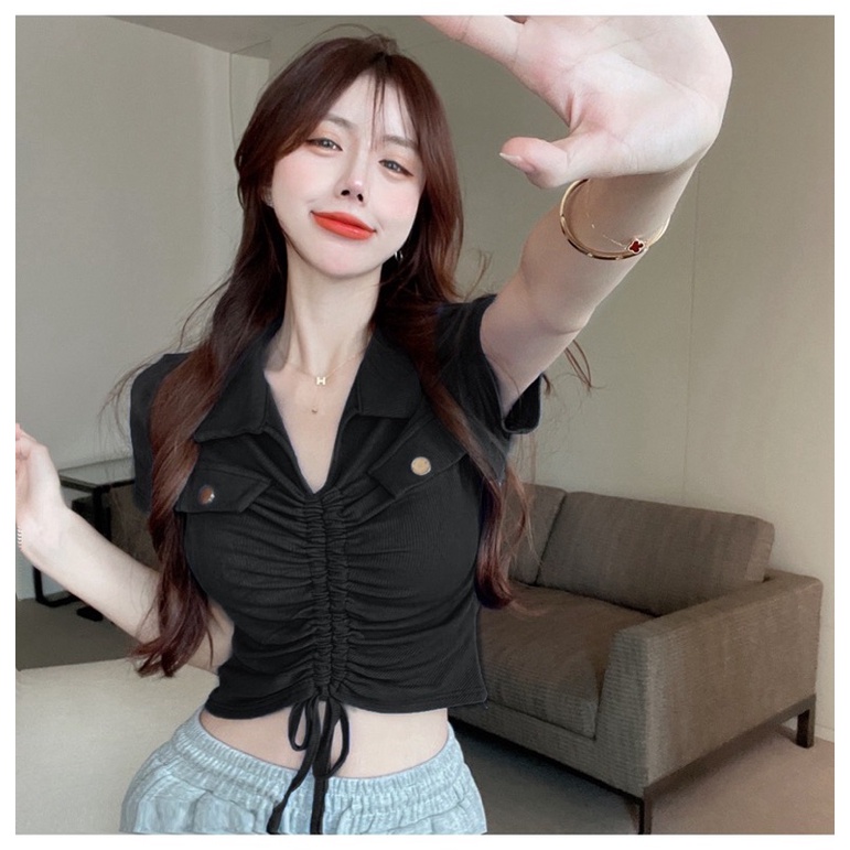 KOREAN KNITT TOP MODEL KERUT TALI VARIASI KANCING IMPORT (BJCN830)