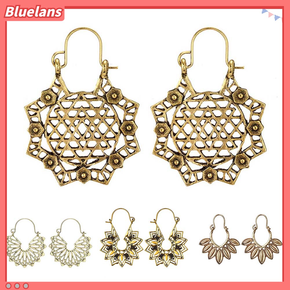 Bluelans Bohemian Women Hollow Flower Honeycomb Filigree Hoop Earrings Retro Jewelry Gift