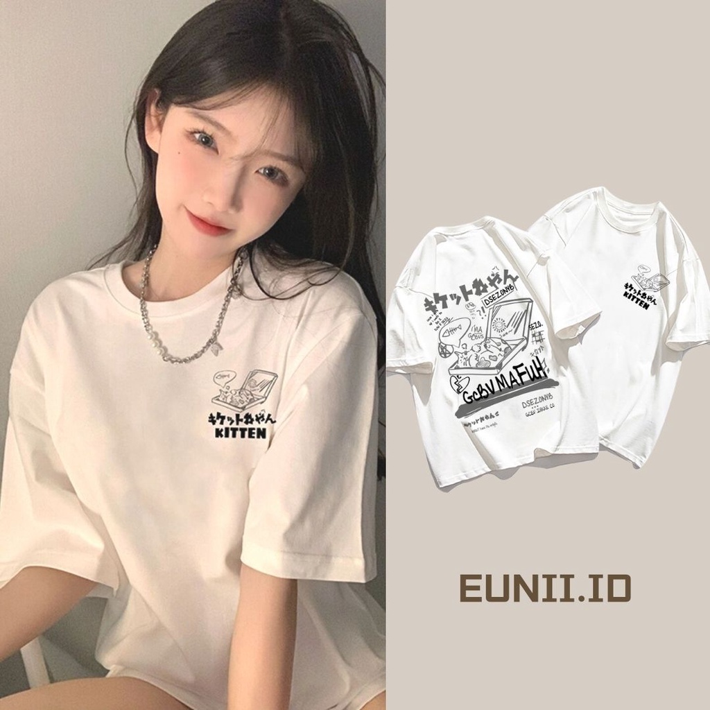 EUNII T-shirt Lengan Pendek Imut Pizza Kucing Pencetakan Longgar Korean Style/Kaos Atasan Wanita/Baju Kaus Oversize Wanita