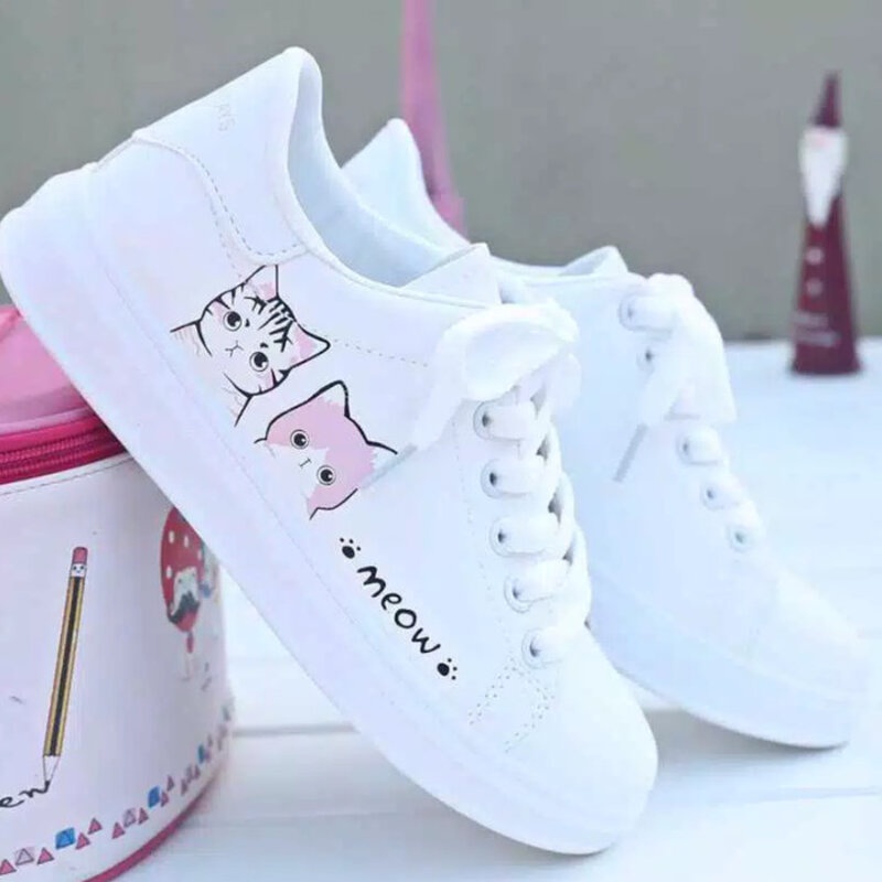 Sepatu wanita kekinian kets poxing Anak Dan Dewasa Print Motif &quot; Meow&quot; Putih Pink COD