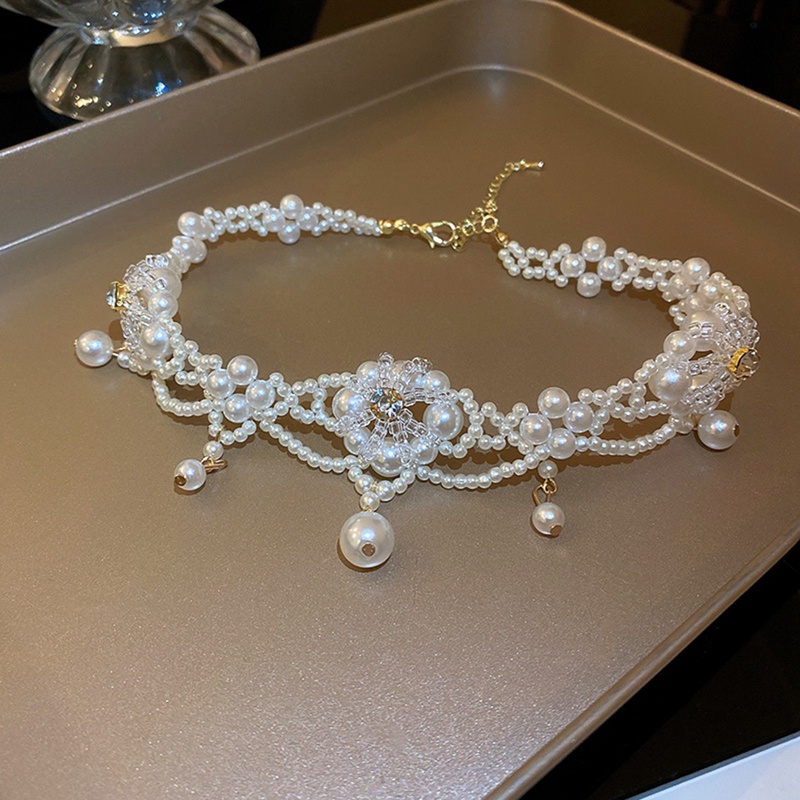 Fancyqube Kalung Rantai Klavikula Hias Bunga Mutiara Kristal Berlian Untuk Wanita