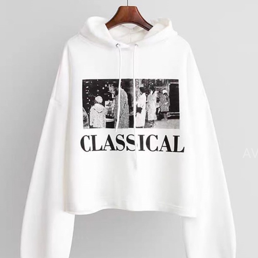 Hoodie Crop Wanita Korea Style Classical Ootd Lucu Kekinian