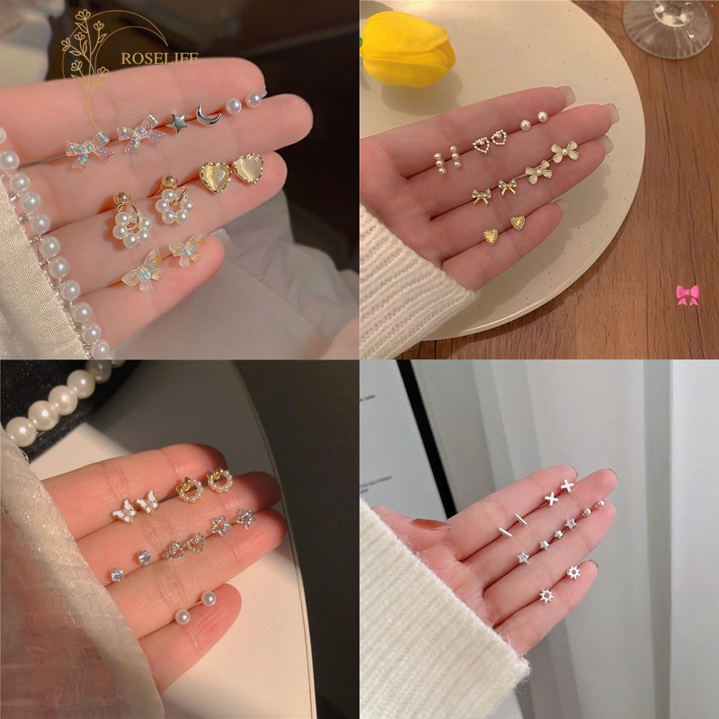 Roselife 6 Pasang / Set Anting Tusuk Silver S925 Gaya Korea Motif Geometri / Pita / Hati / Kupu-Kupu Untuk Wanita