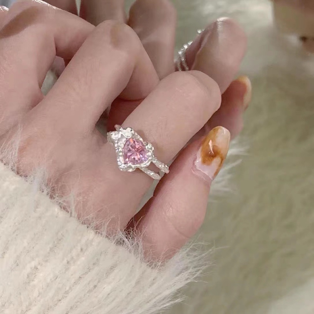 Cincin Model Terbuka Dapat Disesuaikan Desain Hati Warna Pink Untuk Wanita